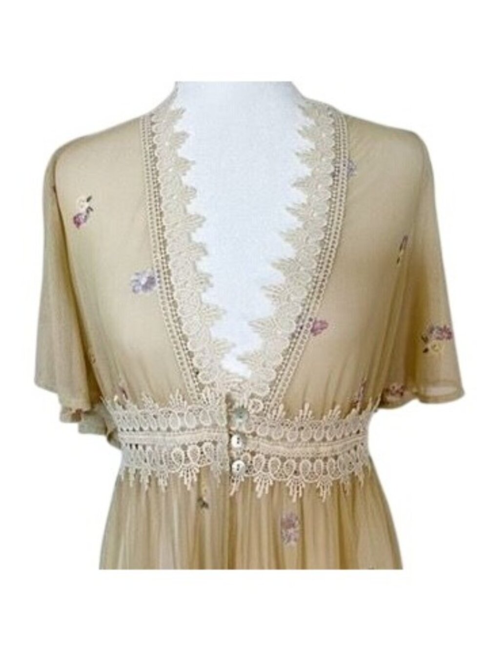 Butter Yellow Sheer Mesh Crochet Kimono Sz XL Maxi Dress Boho Country Garden - Picture 3 of 16